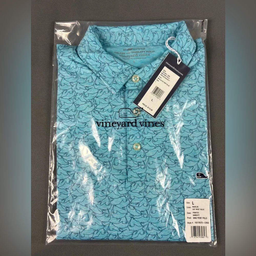 Vineyard Vines Golf Shirt Polo Marlin Out Print Sankaty Large Blue Polyester